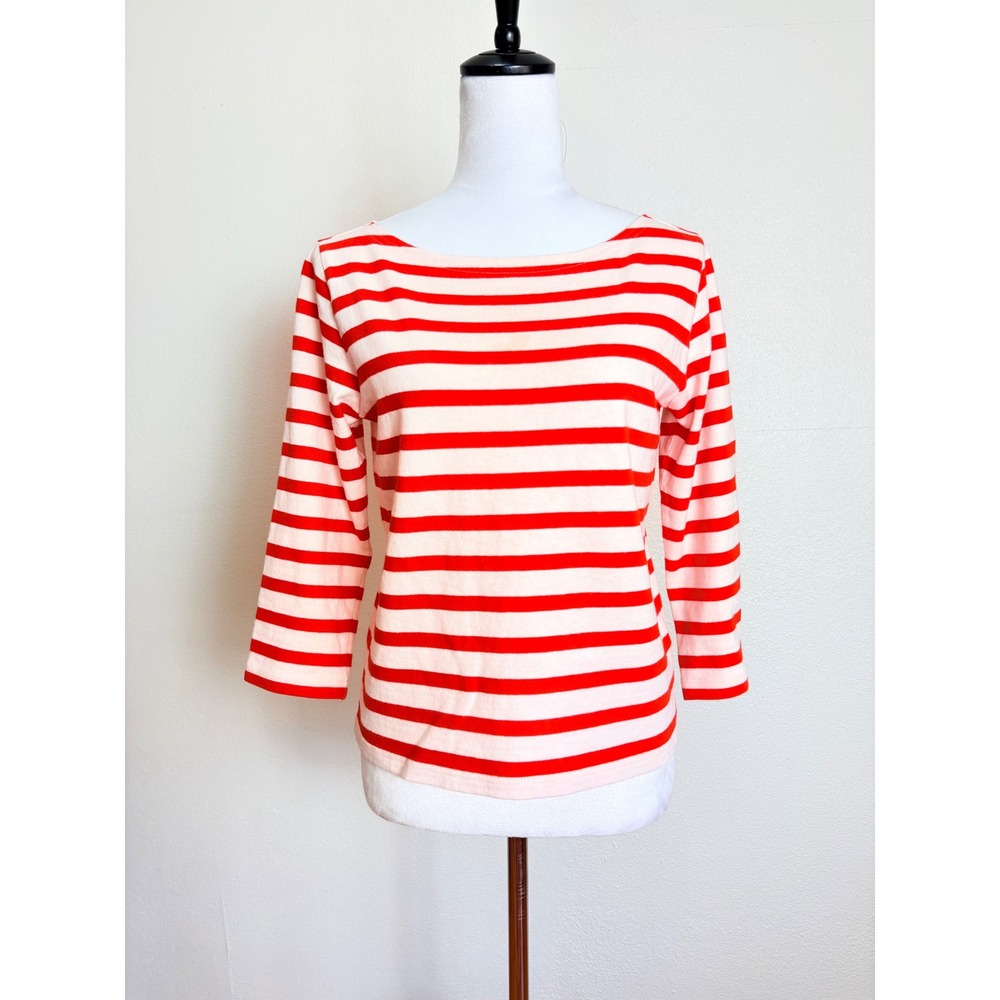 J. Crew Orange & White Stripe Boat Neck 3/4 Sleeve Top Size XS 100% Cotton Chic